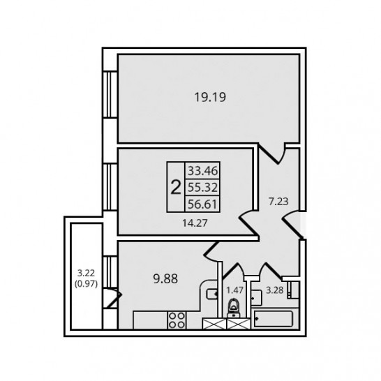 Двухкомнатная квартира 59.3 м²